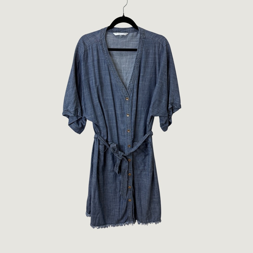 Trina Turk Blue Chambray Linen Blend Belted Dress XXL Coastal Boho Frayed Hem